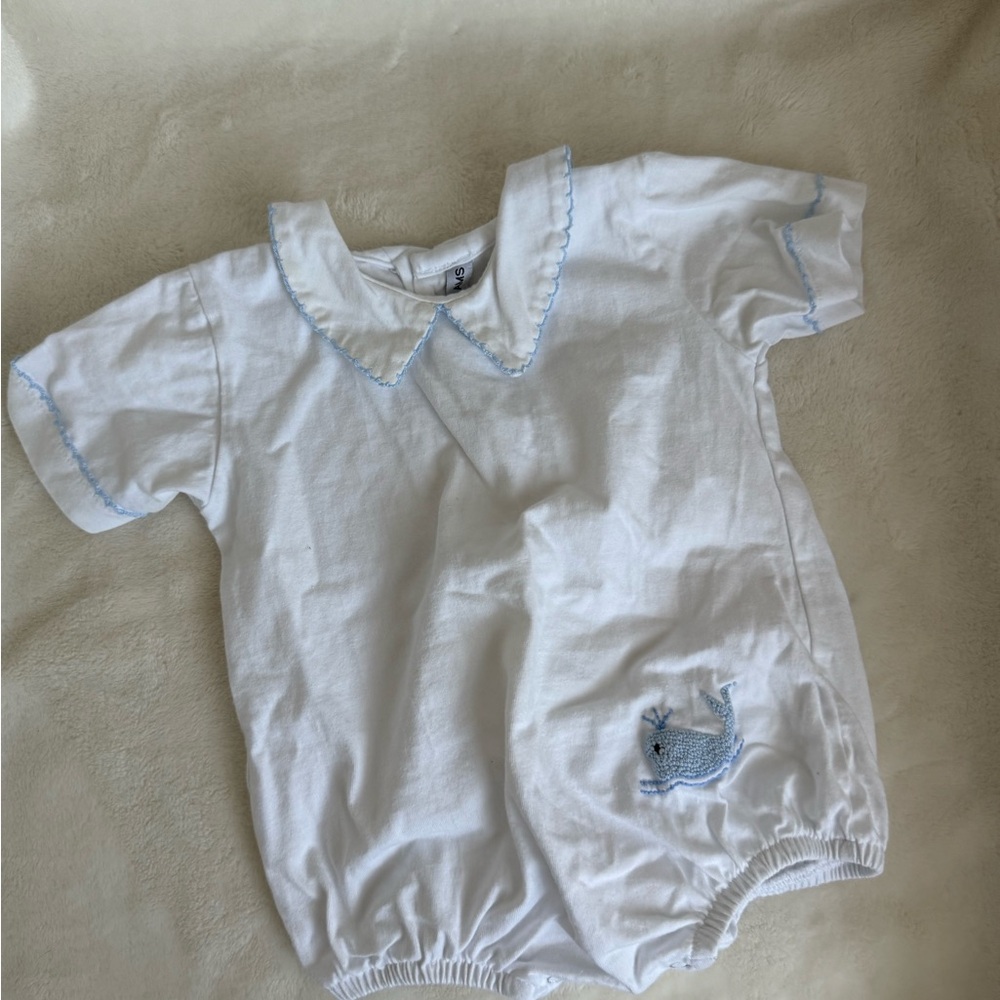 Sweet Dreams White Romper with Blue Trim